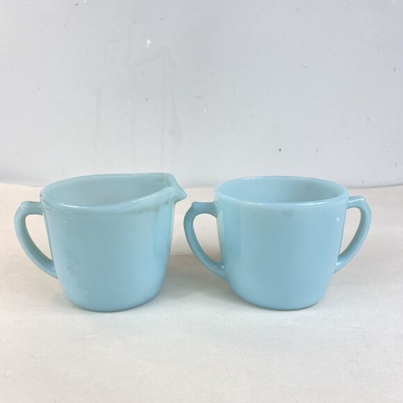 Vintage Delphite Fire King Creamer & Sugar Set Turquoise Blue Milk Glass NICE - Picture 7 of 9